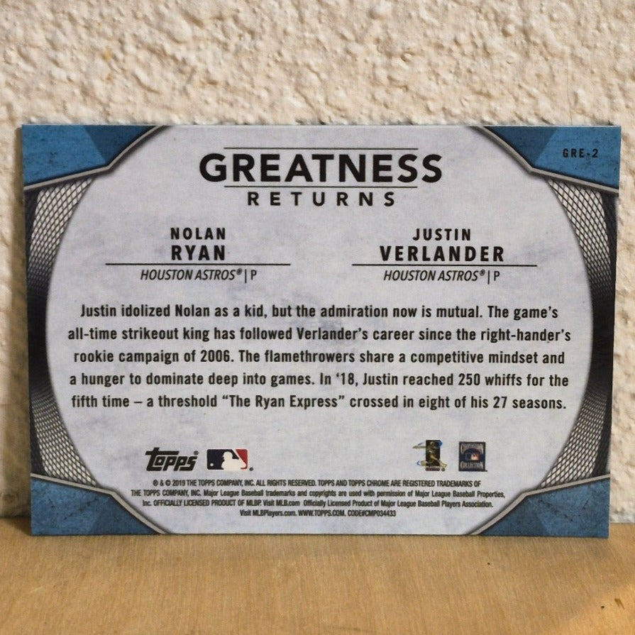 2019 TOPPS CHROME GREATNESS RETURNS NOLAN RYAN JUSTIN VERLANDER REFRACTOR #GRE-2