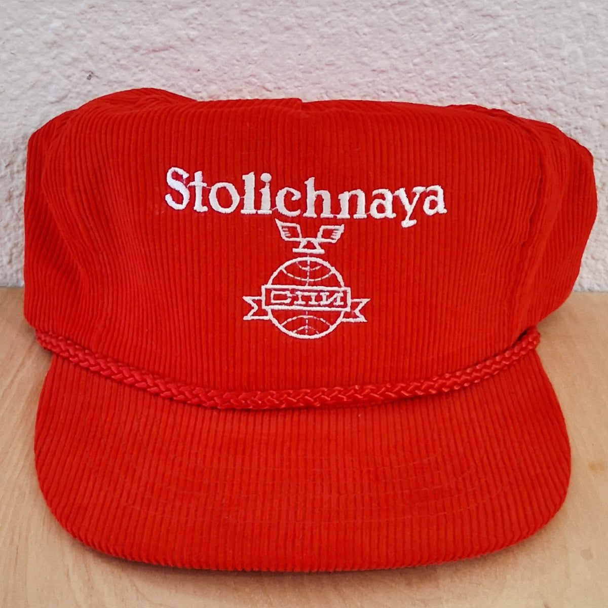 VINTAGE STOLICHNAYA RED CORDUROY ADJUSTABLE TRUCKER HAT