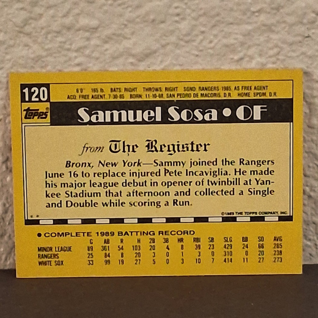 1990 TOPPS MAJOR LEAGUE DEBUT SAMMY SOSA ROOKIE CARD #120 CHICAGO CUBS