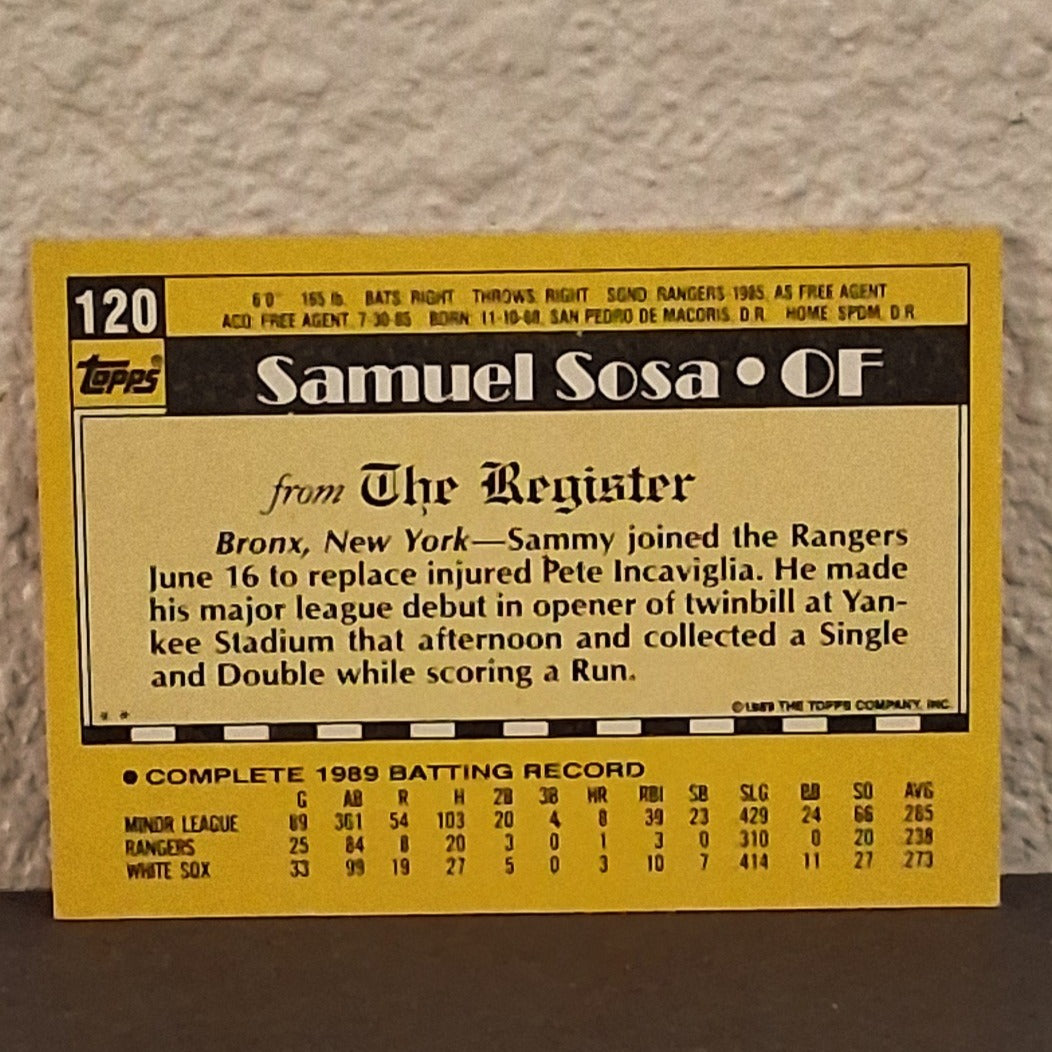 1990 TOPPS MAJOR LEAGUE DEBUT SAMMY SOSA ROOKIE CARD #120 CHICAGO CUBS
