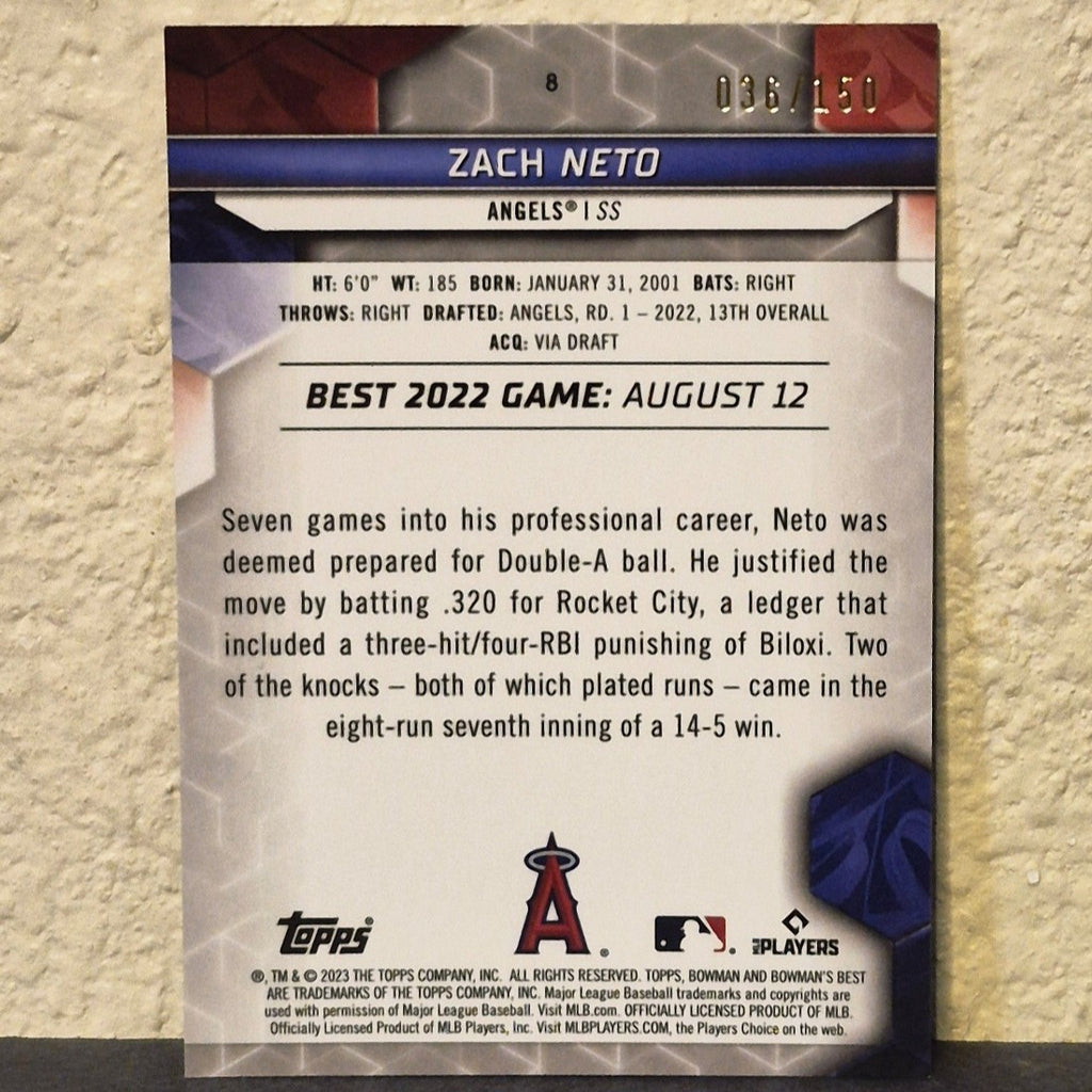 2023 BOWMANS BEST ZACH NETO BLUE REFRACTOR ROOKIE CARD #8 36/150