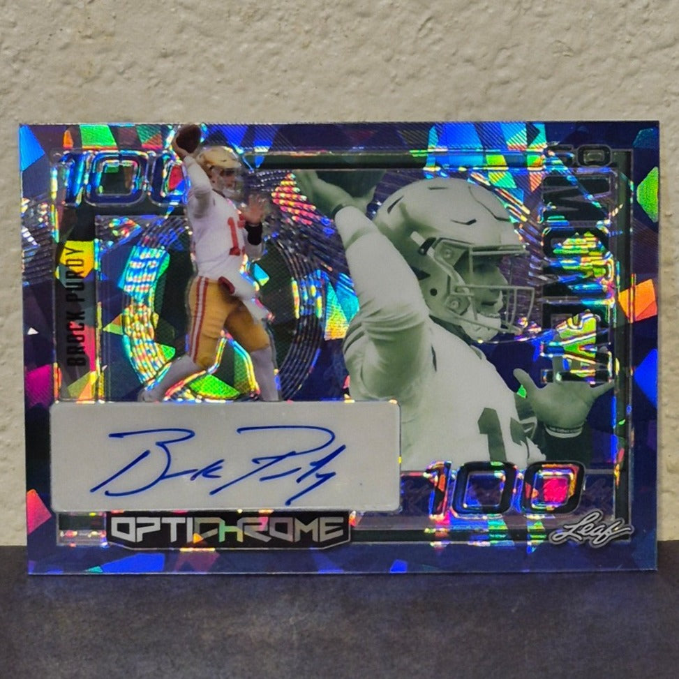2023 LEAF OPTICHROME BROCK PURDY SO MONEY BLUE CRYSTAL AUTOGRAPH OSM-BP1 2/4
