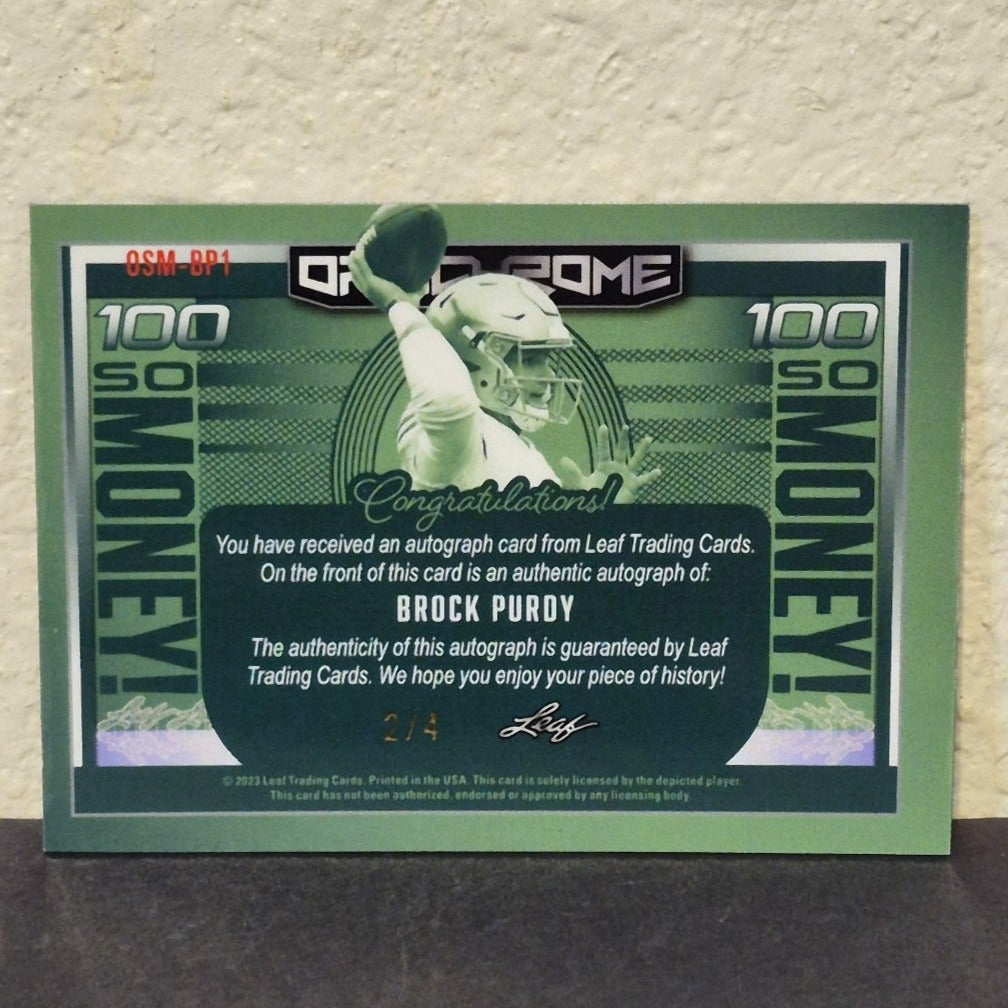 2023 LEAF OPTICHROME BROCK PURDY SO MONEY BLUE CRYSTAL AUTOGRAPH OSM-BP1 2/4