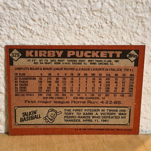 1986 TOPPS KIRBY PUCKETT DOB PRINT ERROR CARD #329 MINNESOTA TWINS