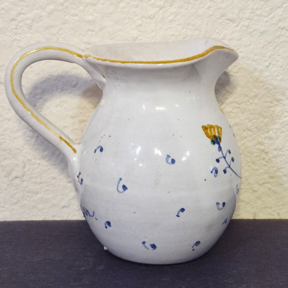 VINTAGE HAND PAINTED BLUE FLORAL CERAMIC CREAM JUG MADE IN ITALY ARTIST SIGNED
