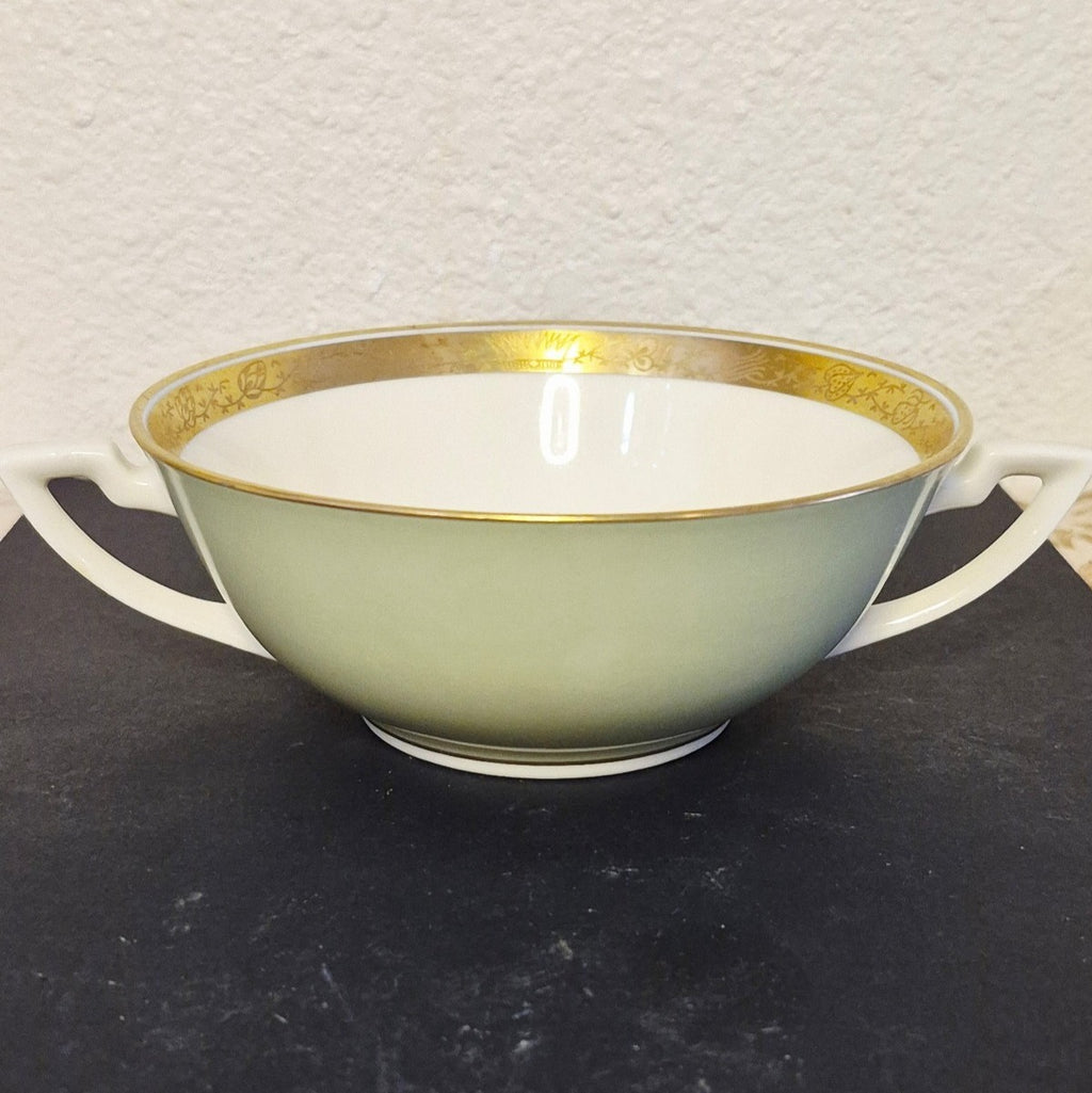 VINTAGE ROYAL COPENHAGEN DOUBLE HANDLED PISTACHIO GREEN GOLD TRIMMED SOUP BOWL