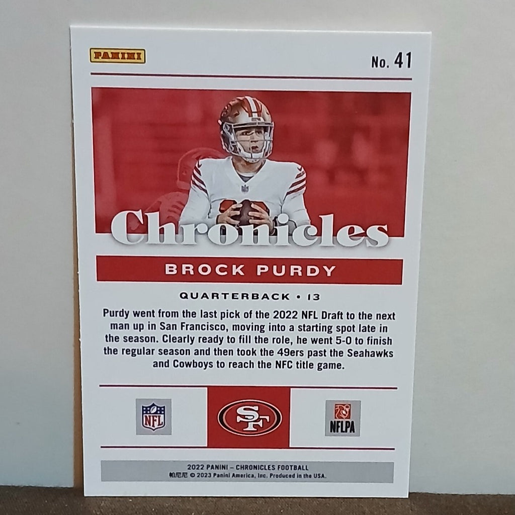 2022 PANINI CHRONICLES BROCK PURDY ROOKIE CARD #41 SAN FRANCISCO 49ERS