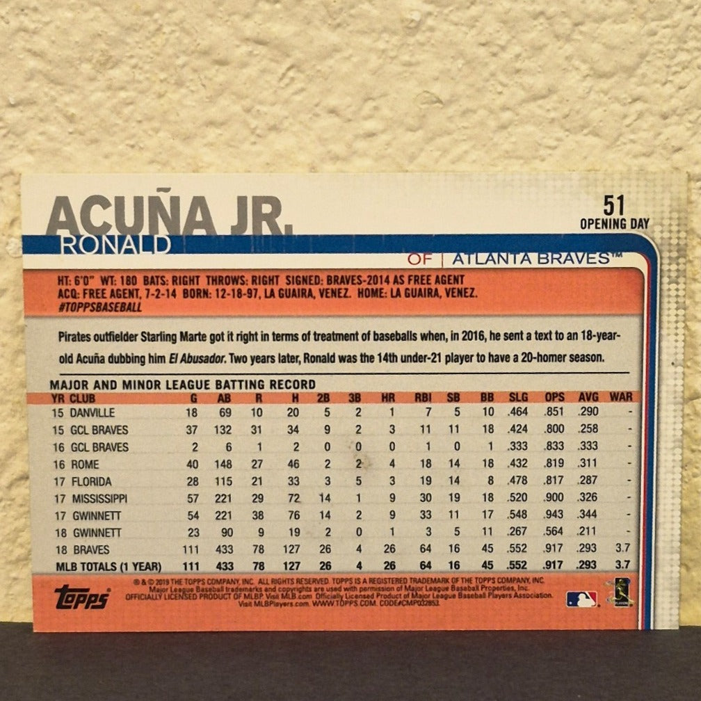 2019 TOPPS OPENING DAY RONALD ACUNA JR ALL STAR ROOKIE CARD #51 ATLANTA BRAVES