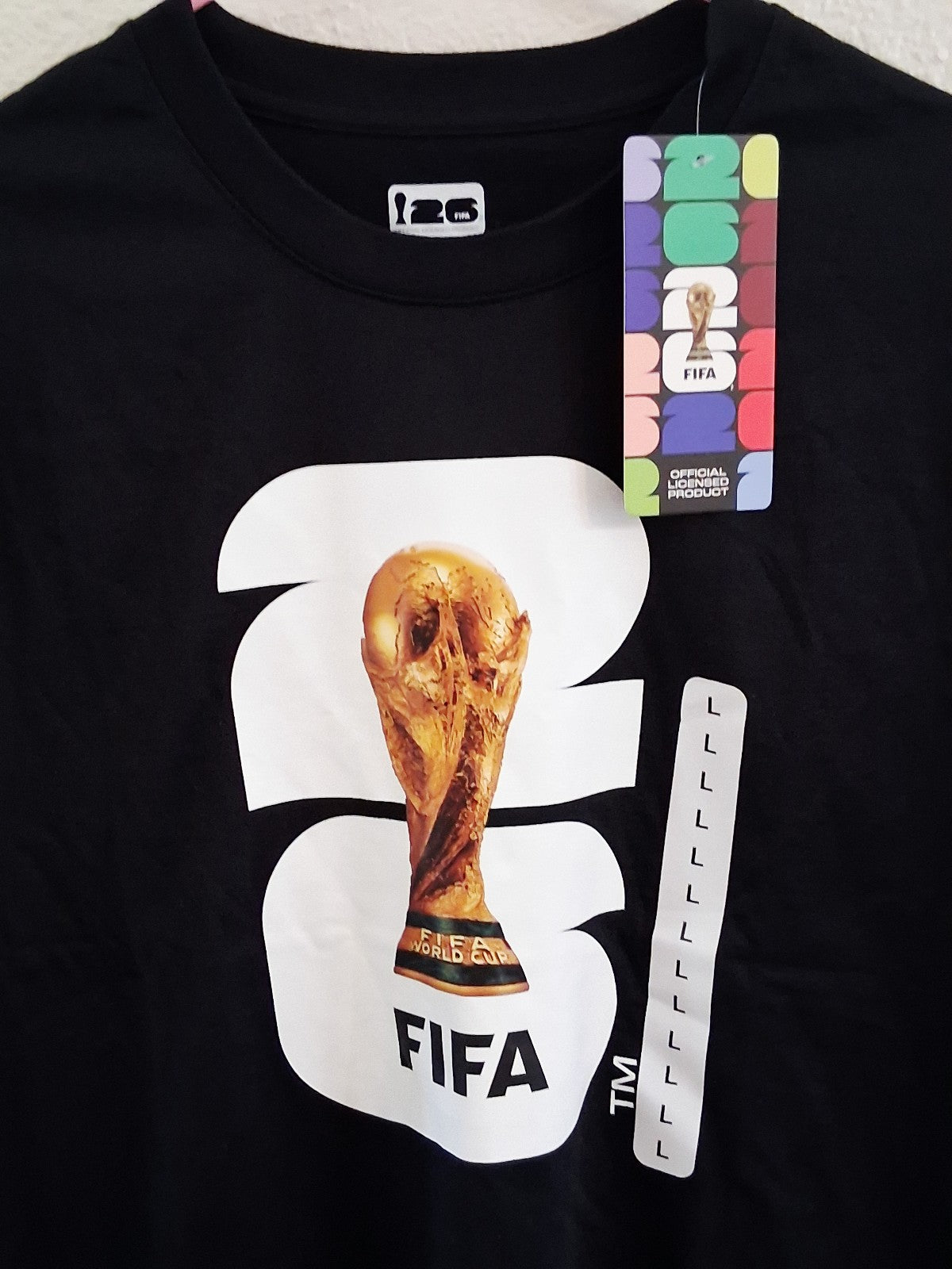 2026 FIFA WORLD CUP SOCCER LOGO BLACK T-SHIRT SIZE LARGE NEW WITH TAGS