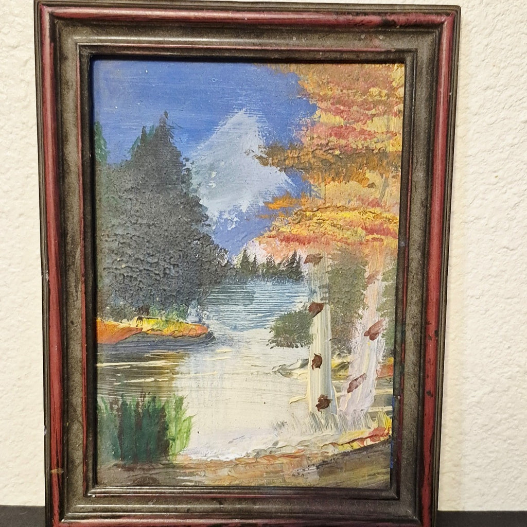 ANTIQUE FRAMED ORIGINAL FALL MOUNTAIN SCENE LANDSCAPE OIL PAINTING 7X5