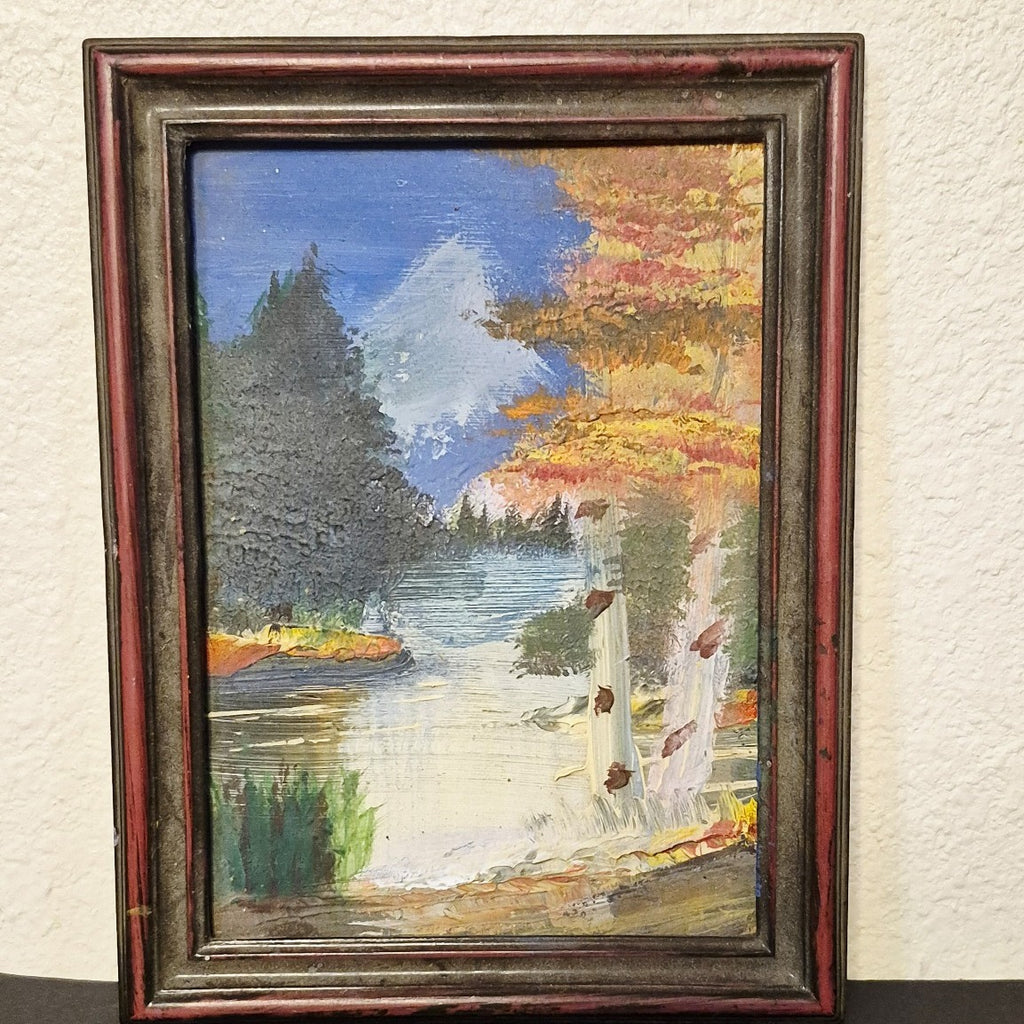 ANTIQUE FRAMED ORIGINAL FALL MOUNTAIN SCENE LANDSCAPE OIL PAINTING 7X5
