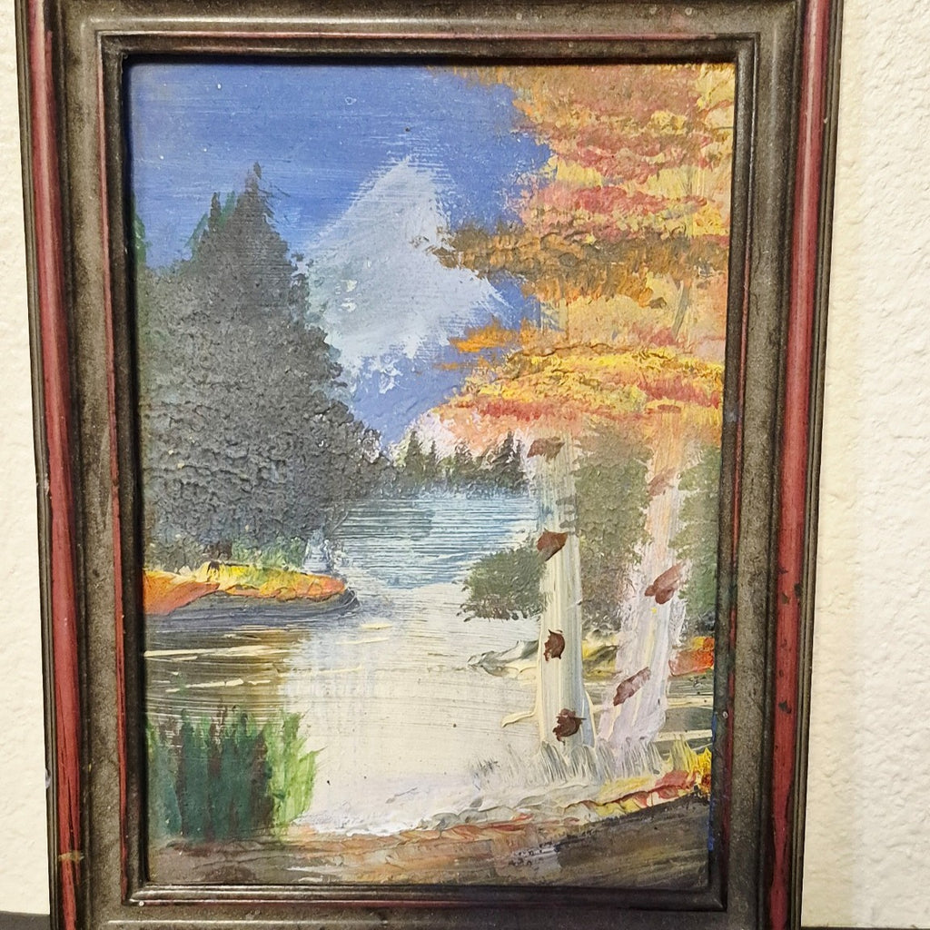 ANTIQUE FRAMED ORIGINAL FALL MOUNTAIN SCENE LANDSCAPE OIL PAINTING 7X5