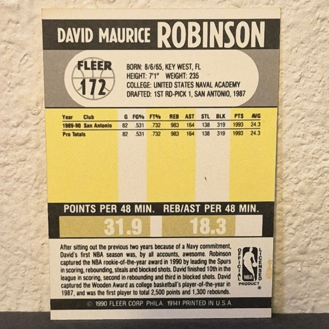 1989-90 FLEER BASKETBALL DAVID ROBINSON ROOKIE CARD #172 SAN ANTONIO SPURS