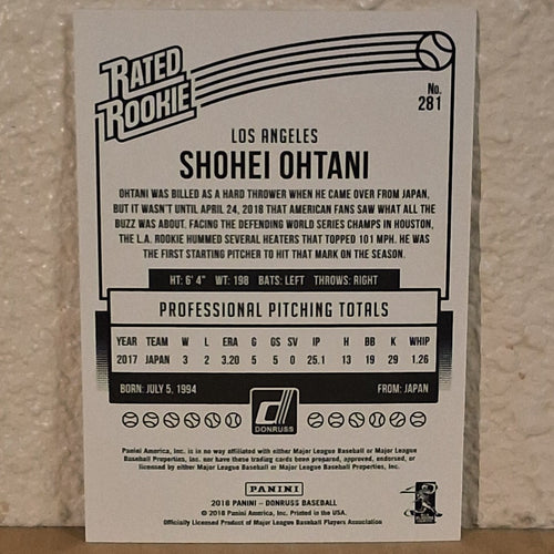 2018 PANINI DONRUSS RATED ROOKIE SHOHEI OHTANI WRAPPER REDEMPTION ROOKIE #281